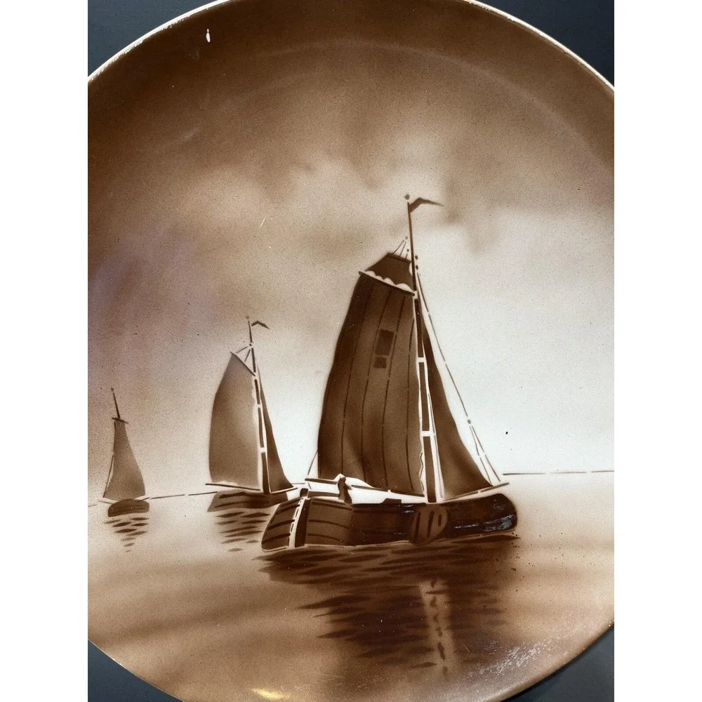 Société Céramique pre-1958 Maestricht Sepia Plate Sailboats Ships Holland 13
